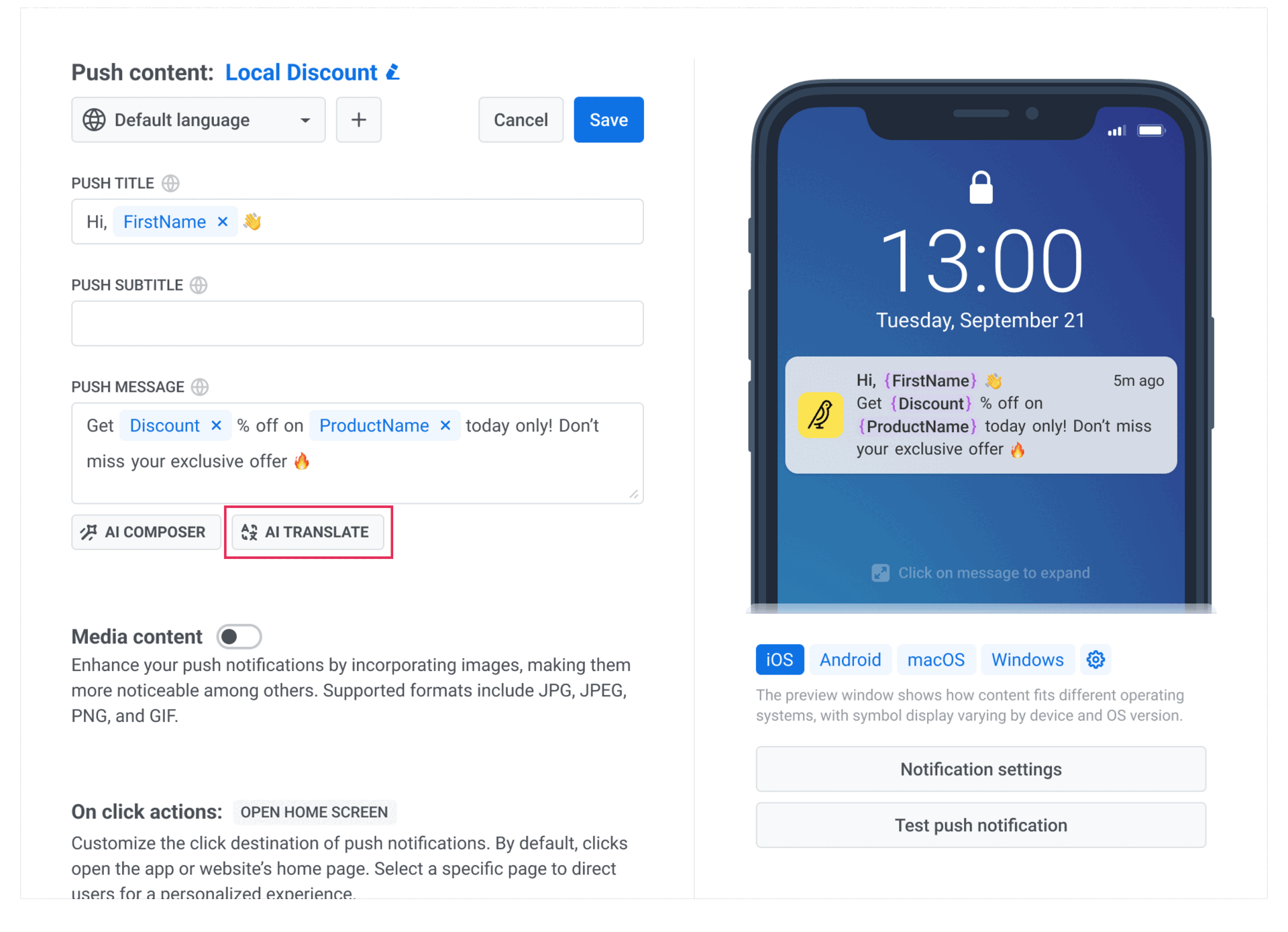 Push notification copy AI translator Pushwoosh